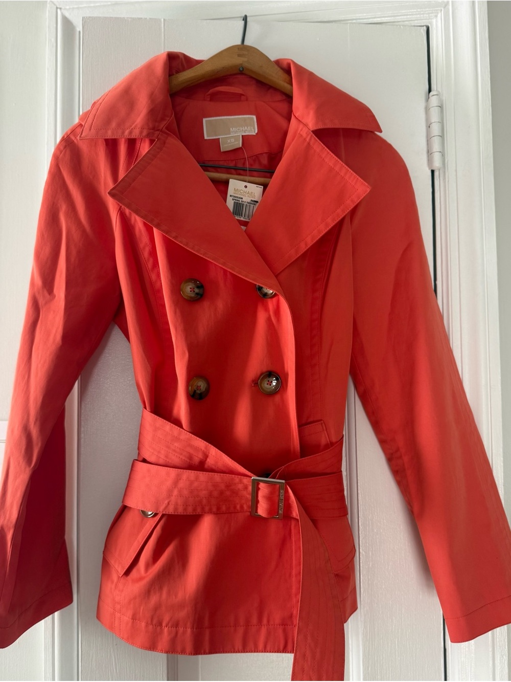 Michael Kors Coral-Orange Double-Breasted Belted Trench Coat